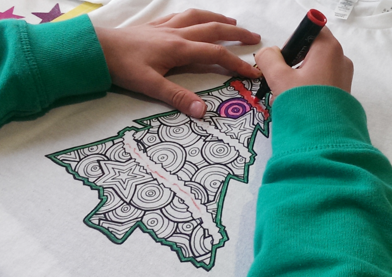 Christmas Tree t-shirt colored in with fabric markers