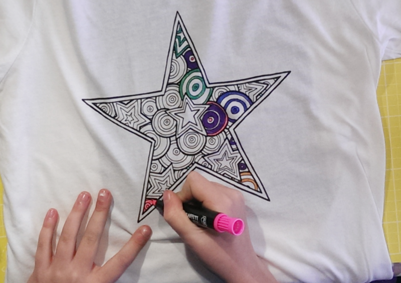 Star t-shirt colored in with fabric markers
